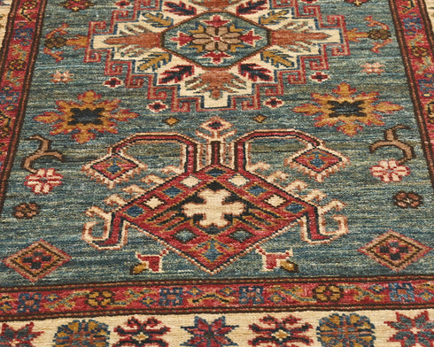 19 Feet Green Kazak Afghan Hand Knotted Wool Runner Rug